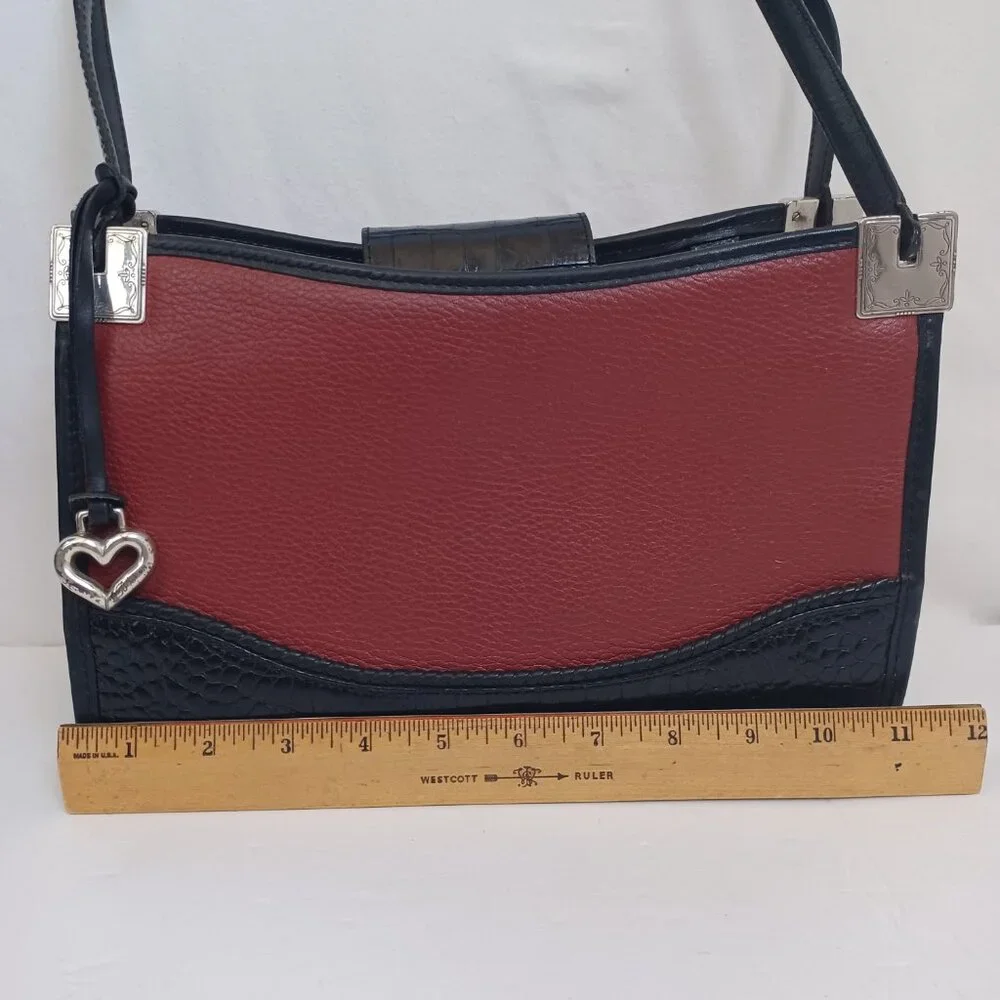 Brighton Bag Leather Shoulder Handbag Croc-Embossed Black‎ Maroon